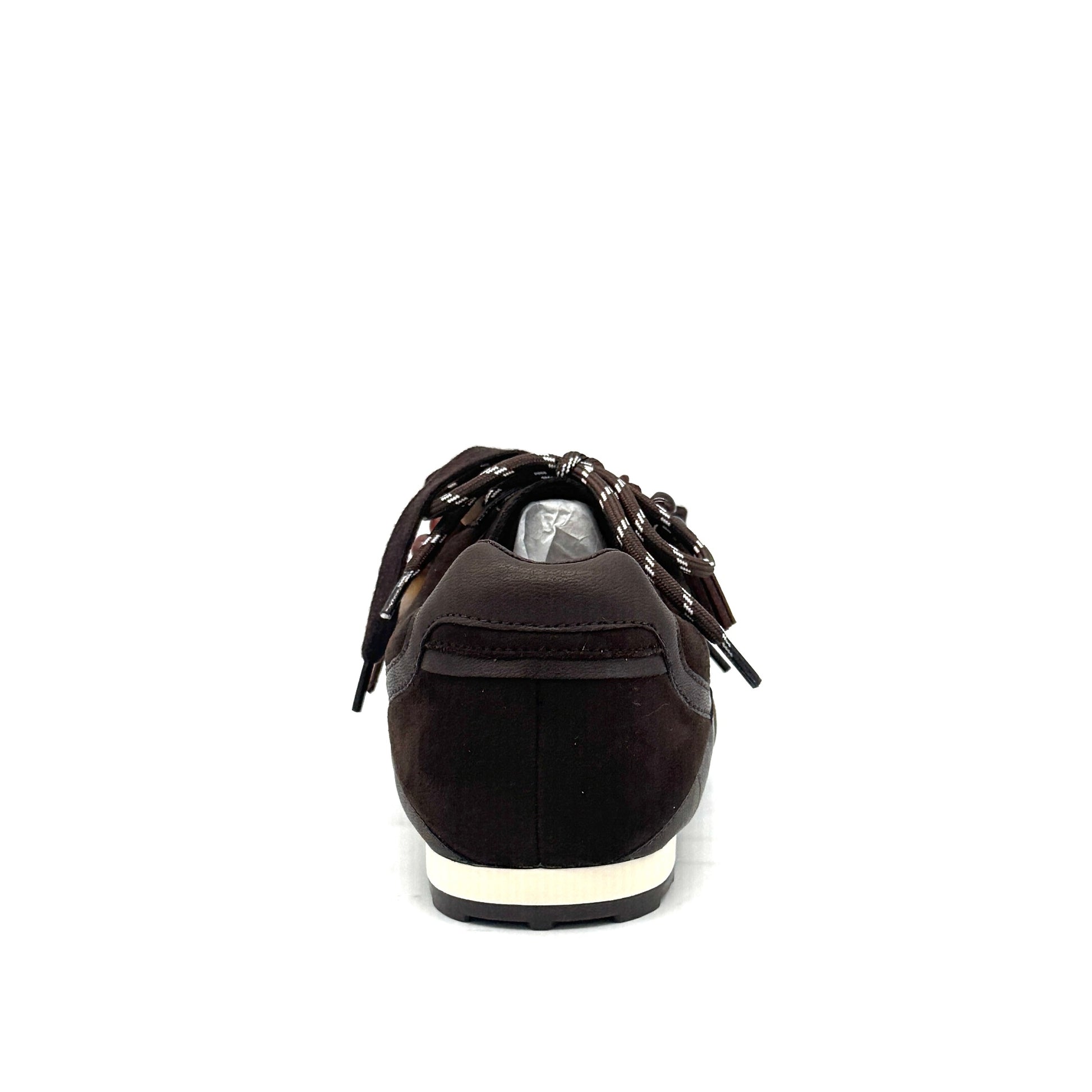Dark Brown: Renato Garini Roma-611 retro runner sneaker in dark brown suede and leather with tassel lace charm and rope laces, side view