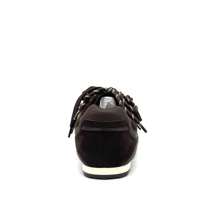 Dark Brown: Renato Garini Roma-611 retro runner sneaker in dark brown suede and leather with tassel lace charm and rope laces, side view