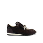 Dark Brown: Renato Garini Roma-639 retro runner sneaker in dark brown suede and leather with leopard print heel detail and embellished laces, side view
