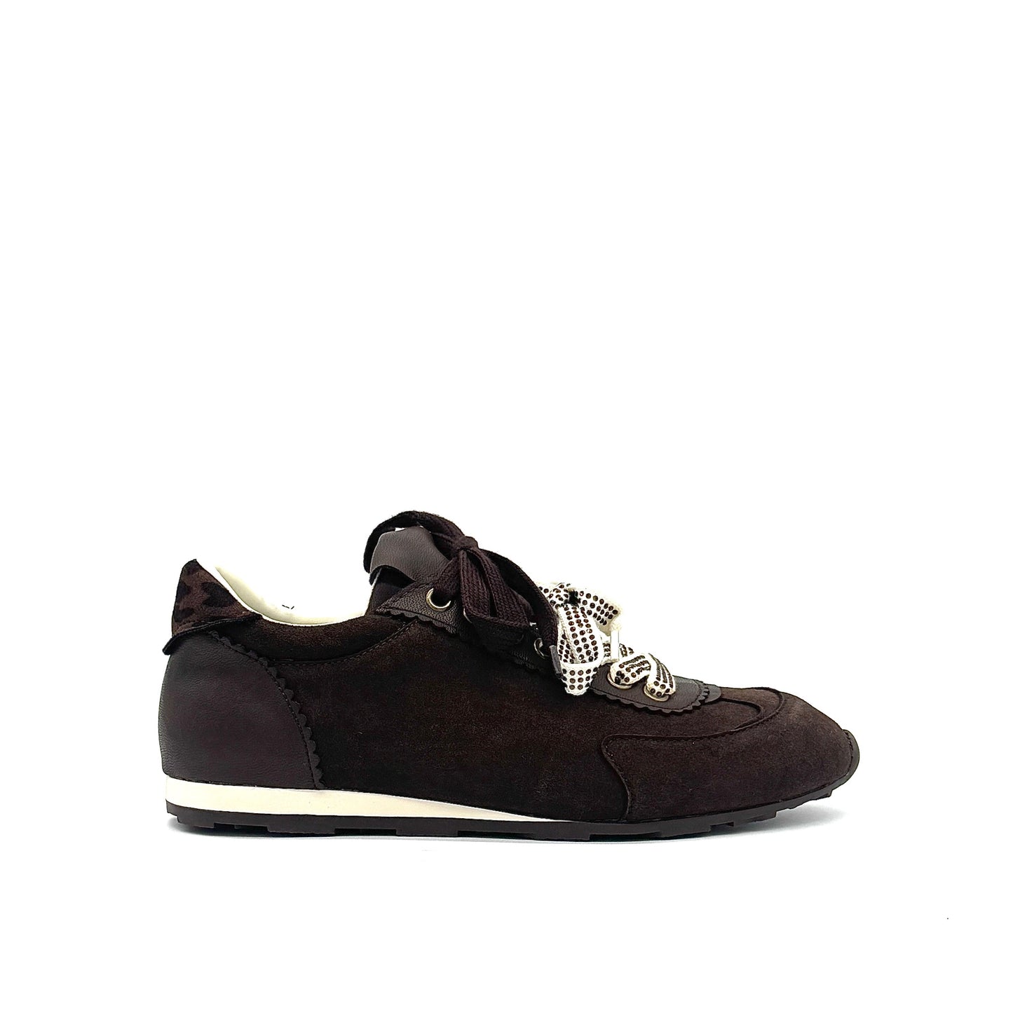 Dark Brown: Renato Garini Roma-639 retro runner sneaker in dark brown suede and leather with leopard print heel detail and embellished laces, side view
