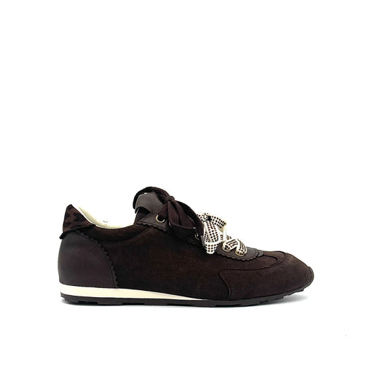 Dark Brown: Renato Garini Roma-639 retro runner sneaker in dark brown suede and leather with leopard print heel detail and embellished laces, side view
