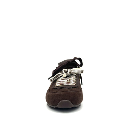 Dark Brown: Renato Garini Roma-639 retro runner sneaker in dark brown suede and leather with leopard print heel detail and embellished laces, side view
