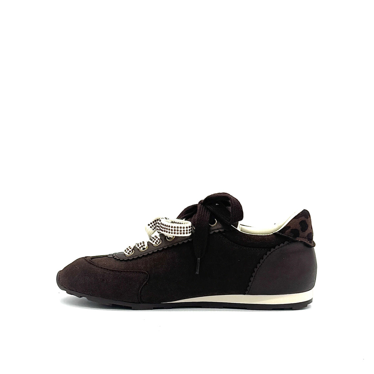 Dark Brown: Renato Garini Roma-639 retro runner sneaker in dark brown suede and leather with leopard print heel detail and embellished laces, side view
