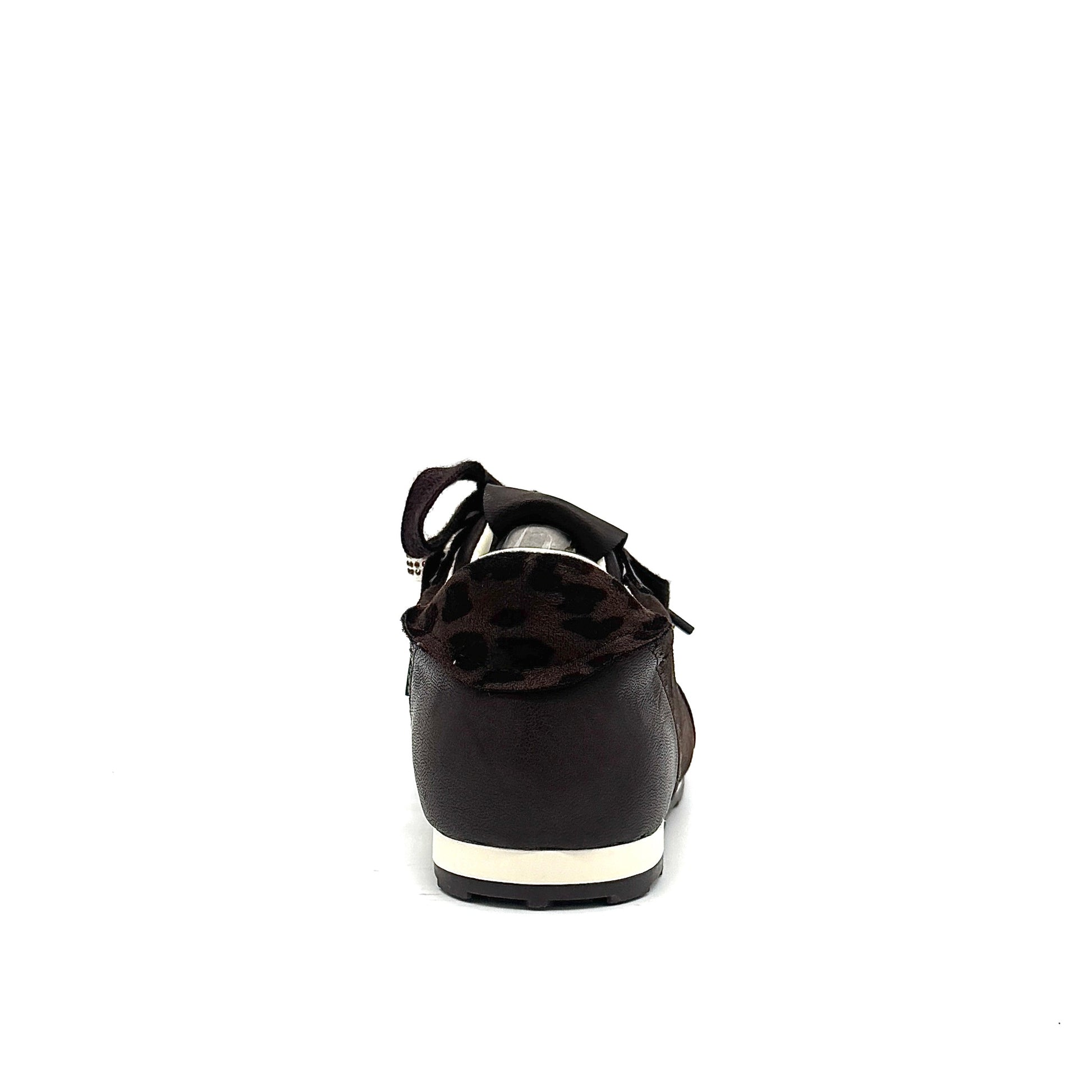 Dark Brown: Renato Garini Roma-639 retro runner sneaker in dark brown suede and leather with leopard print heel detail and embellished laces, side view
