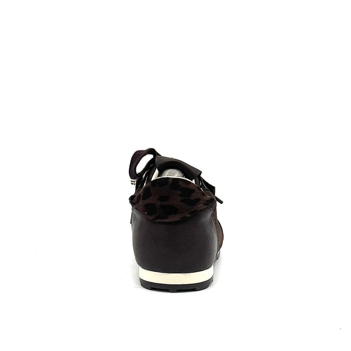 Dark Brown: Renato Garini Roma-639 retro runner sneaker in dark brown suede and leather with leopard print heel detail and embellished laces, side view
