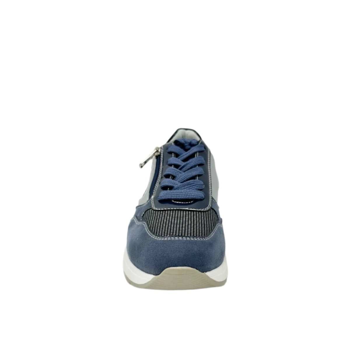 Front view of Renato Garini SEX16 sky blue platform sneaker showing tonal laces, patterned toe panel and rounded toe