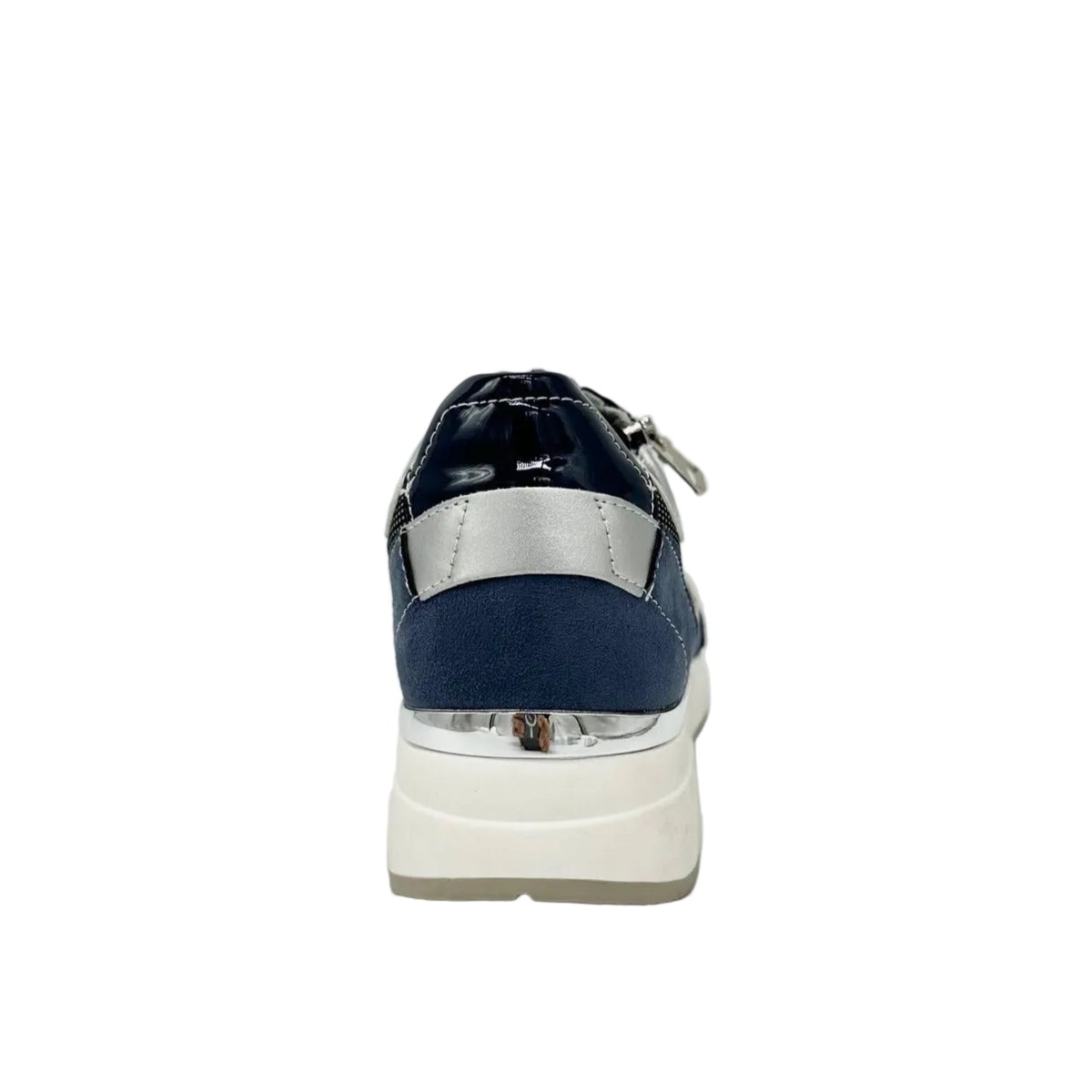 Rear view of Renato Garini SEX16 sky blue platform sneaker showing glossy blue heel panel, metallic trim and white sole