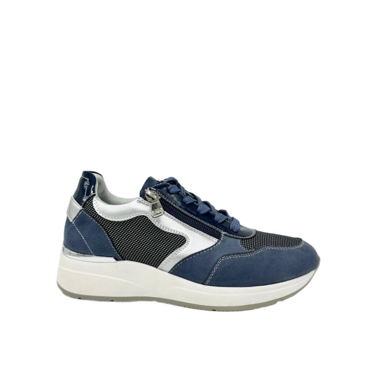Renato Garini SEX16 sky blue platform sneaker with side zipper, layered panels and metallic trim, side profile