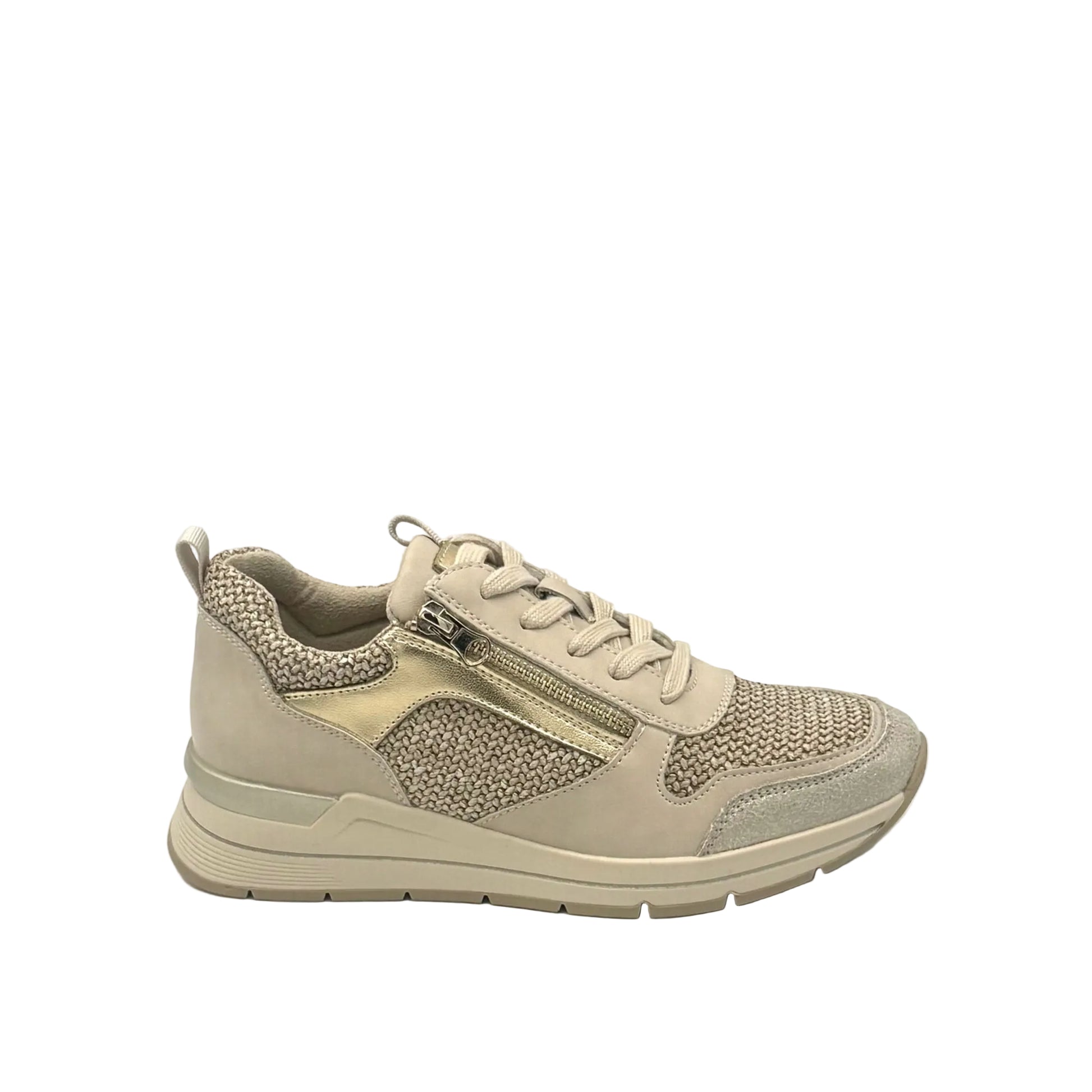 Renato Garini V1229 women’s woven comfort sneaker with side zip in gold