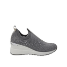 Renato Garini WEX22 silver rhinestone slip-on wedge sneaker with ribbed collar, reflective heel trim and white sole, side profile