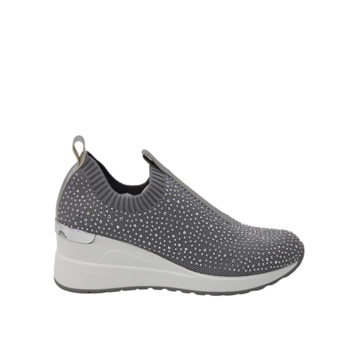 Renato Garini WEX22 silver rhinestone slip-on wedge sneaker with ribbed collar, reflective heel trim and white sole, side profile