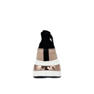 Renato Garini WEX47 black stretch-knit slip-on sneaker showing the pull tab, metallic heel panel and sculpted white platform sole, rear view