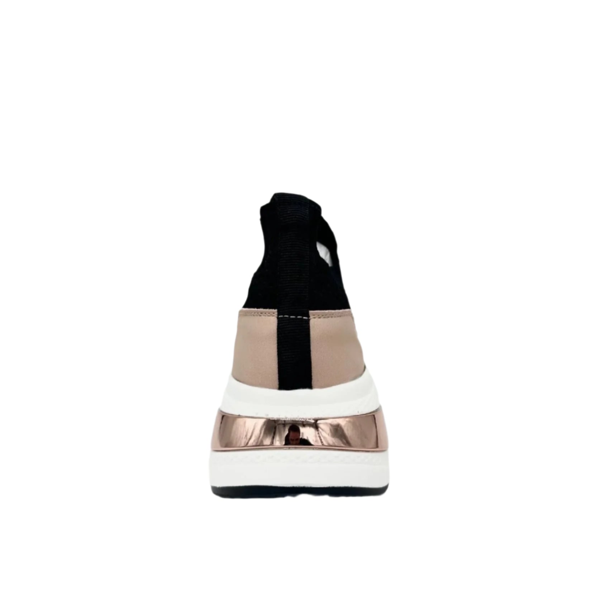 Renato Garini WEX47 black stretch-knit slip-on sneaker showing the pull tab, metallic heel panel and sculpted white platform sole, rear view