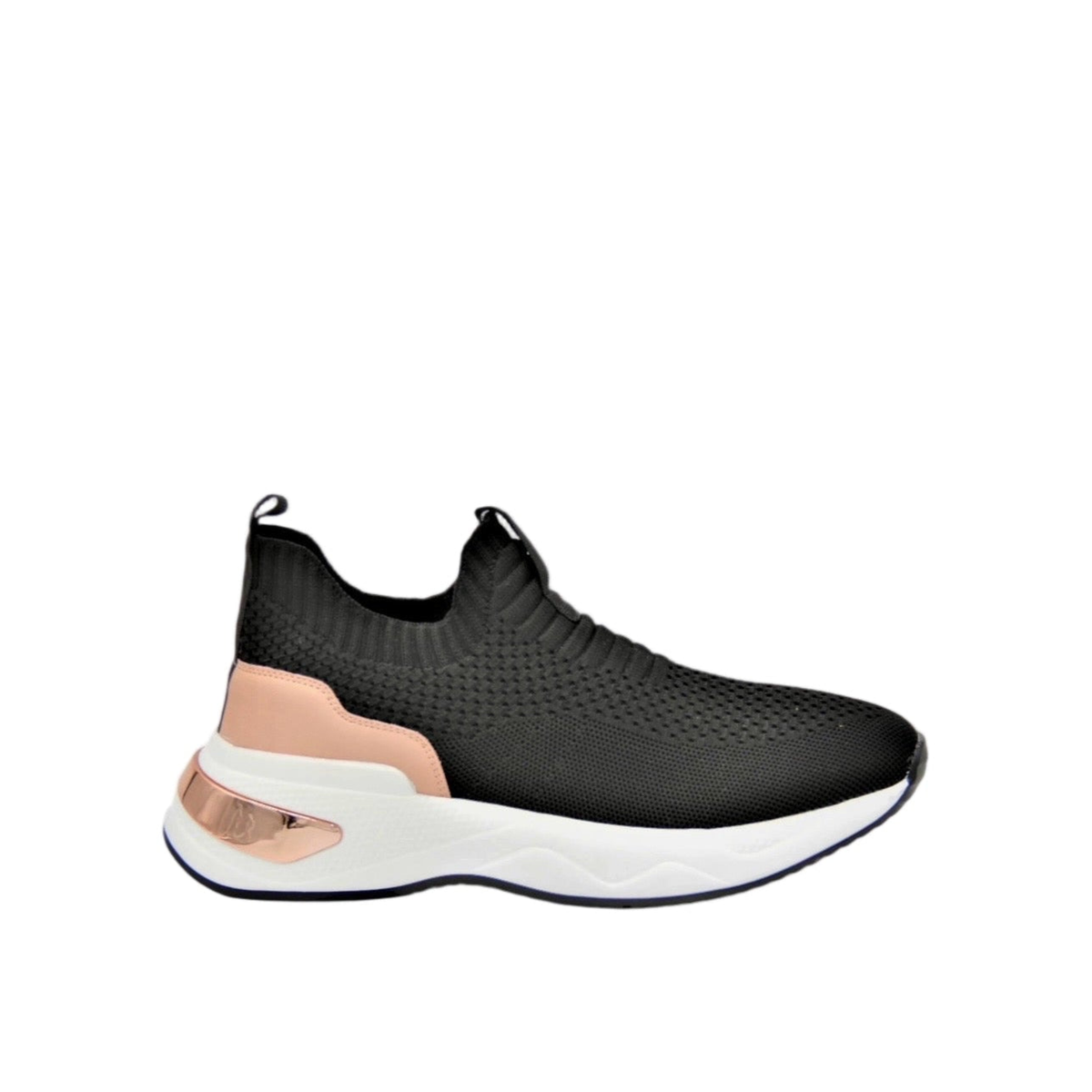 Renato Garini WEX47 black stretch-knit slip-on sneaker with a sock-style collar, chunky white platform sole and metallic heel accent, side profile