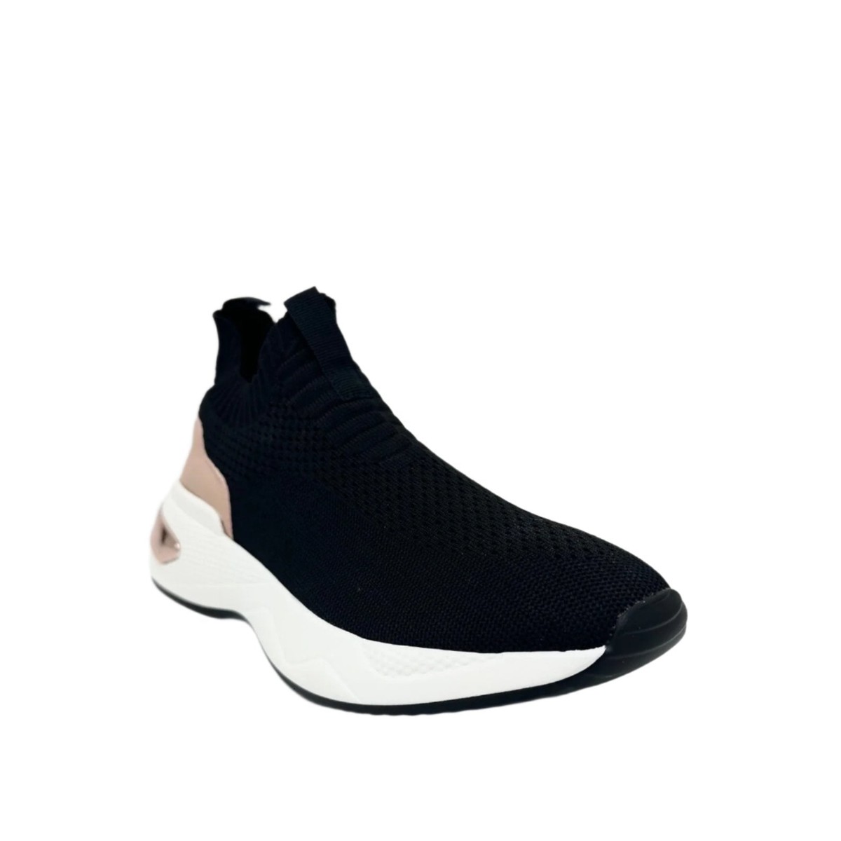 Renato Garini WEX47 black stretch-knit slip-on sneaker with a textured upper, sculpted white platform sole and metallic heel accent, three-quarter view