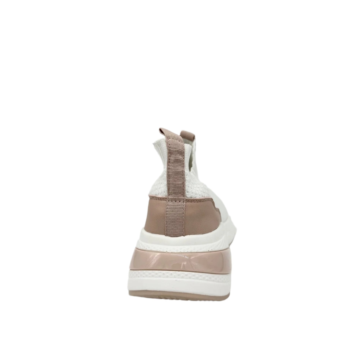 Renato Garini WEX47 white stretch-knit slip-on sneaker showing the pull tab, metallic heel panel and chunky platform sole, rear view