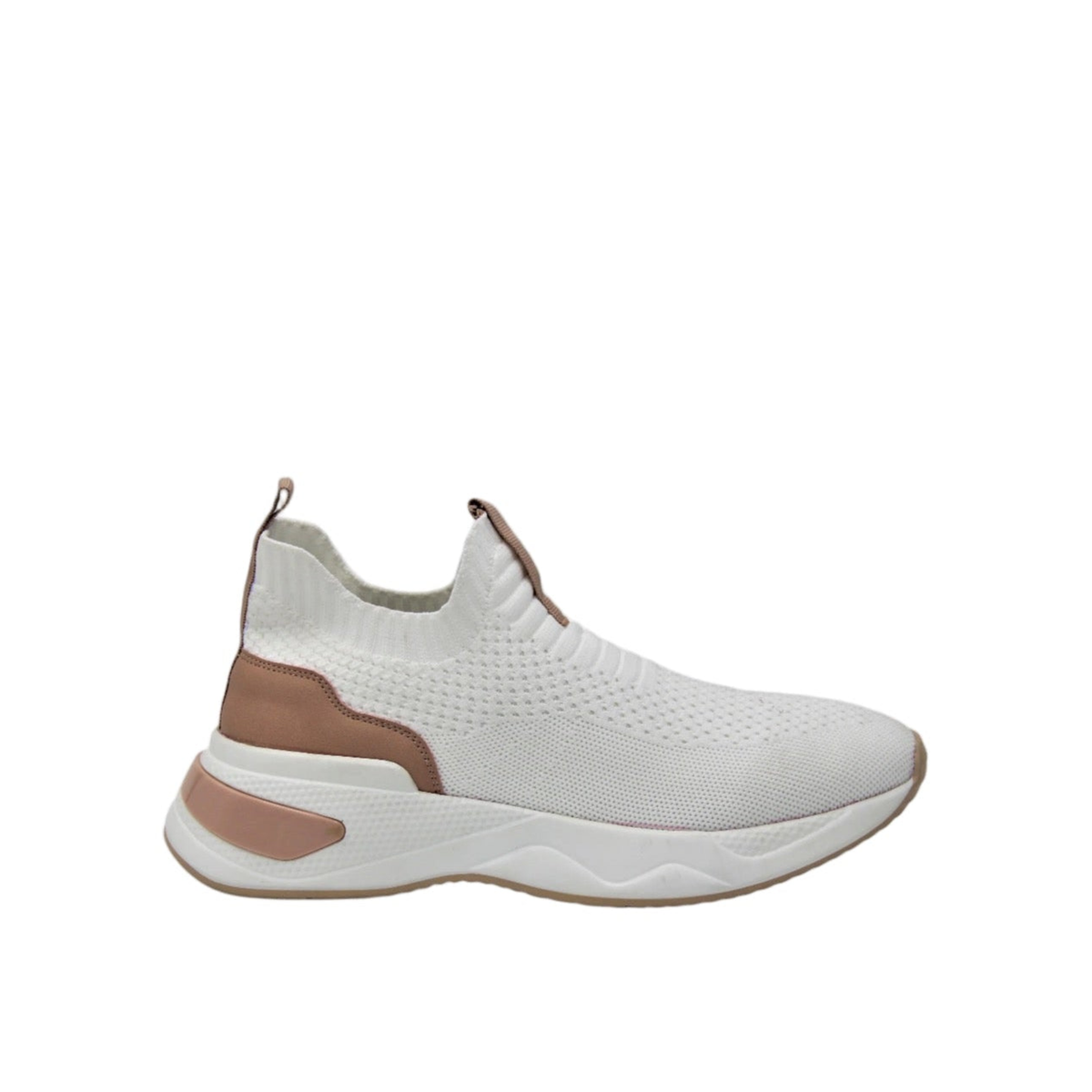 Renato Garini WEX47 white stretch-knit slip-on sneaker with a sock-style collar, sculpted platform sole and metallic heel accent, side profile