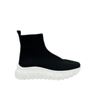 Renato Garini WEX48 black stretch-knit high-top wedge sneaker with a sock-style ankle collar, back pull tab and contrasting chunky white sole, side profile