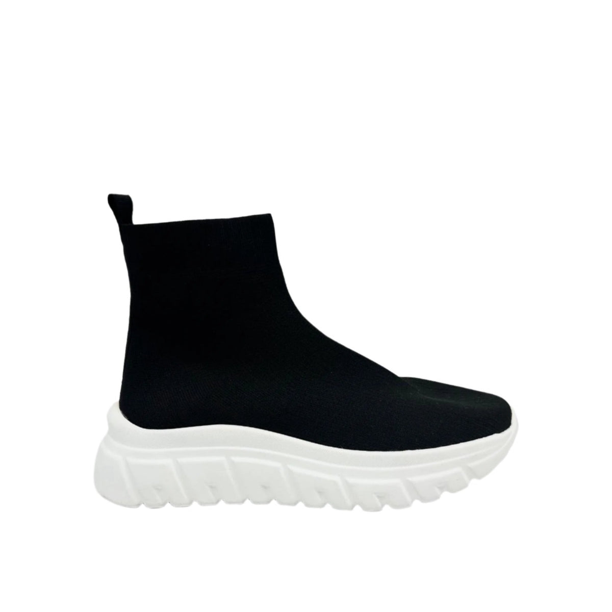 Renato Garini WEX48 black stretch-knit high-top wedge sneaker with a sock-style ankle collar, back pull tab and contrasting chunky white sole, side profile