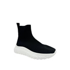 Renato Garini WEX48 black stretch-knit high-top wedge sneaker with a ribbed sock-style collar, back pull tab and sculpted white sole, three-quarter view