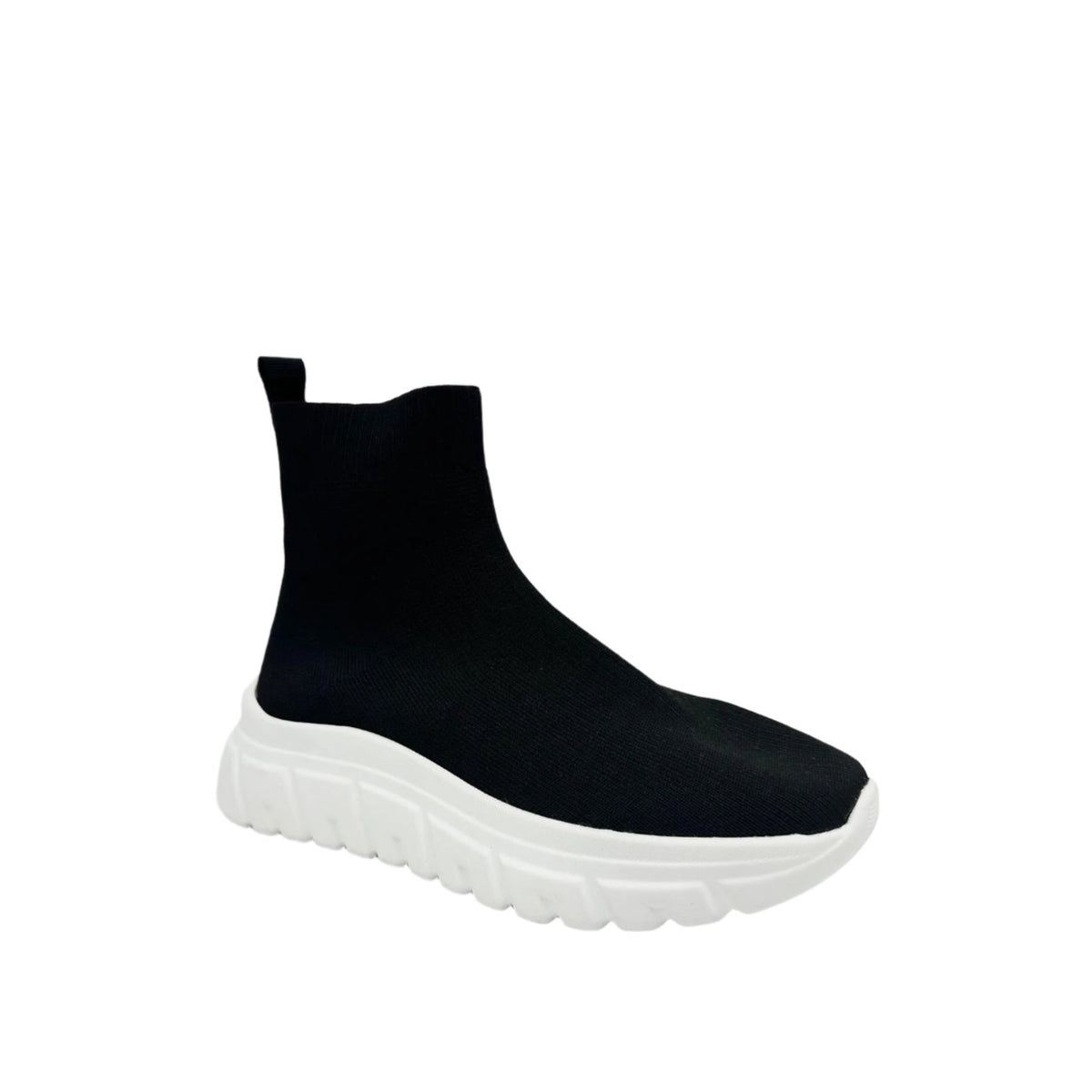 Renato Garini WEX48 black stretch-knit high-top wedge sneaker with a ribbed sock-style collar, back pull tab and sculpted white sole, three-quarter view
