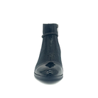Spring Step Shelbi genuine leather ankle boot in black with patent cap toe, studded ankle strap and block heel, front view