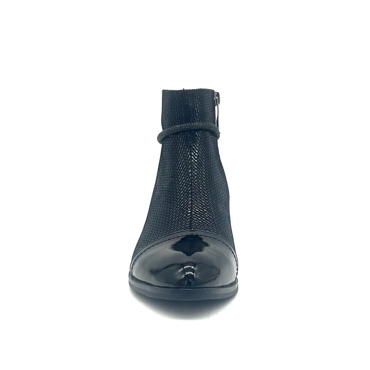 Spring Step Shelbi genuine leather ankle boot in black with patent cap toe, studded ankle strap and block heel, front view
