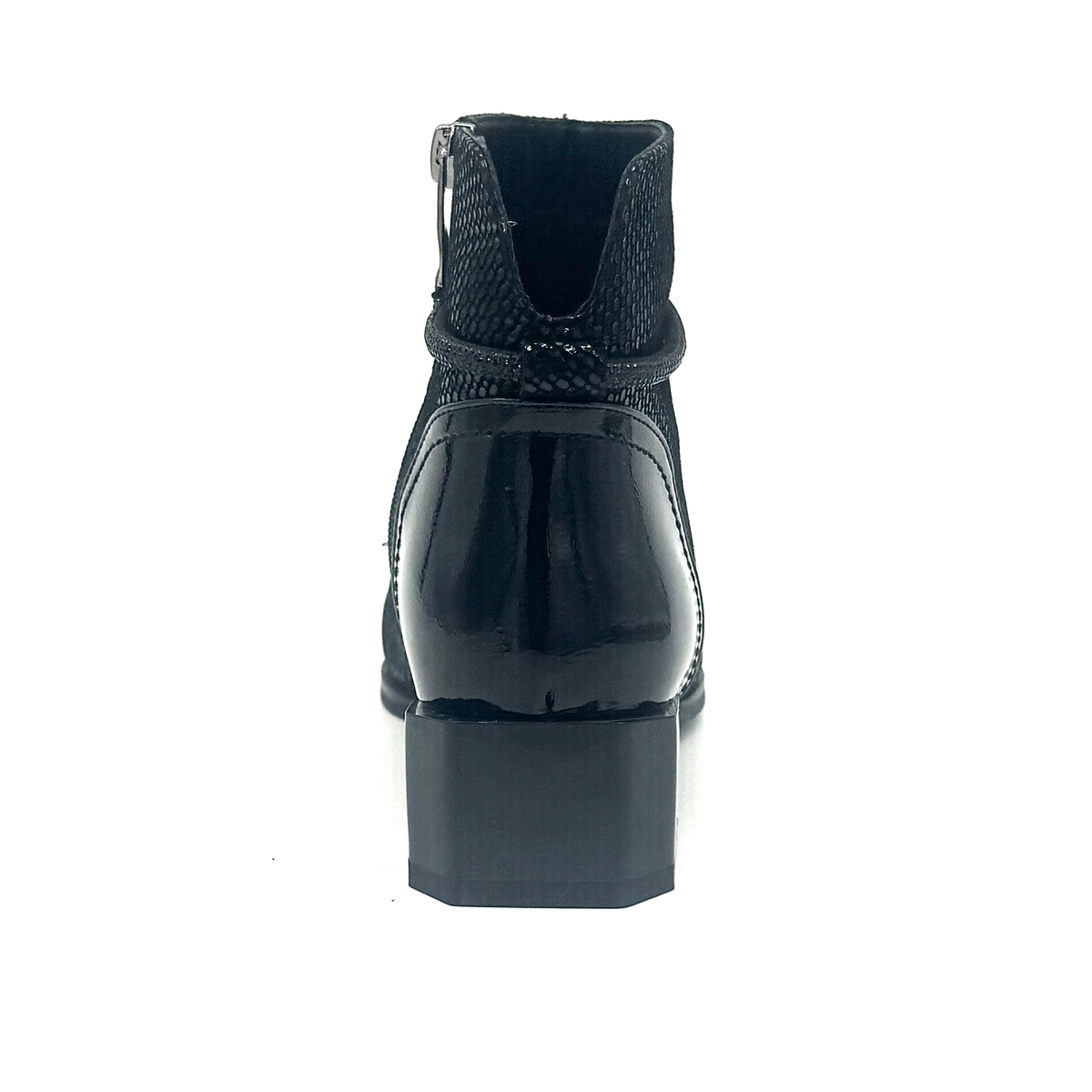 Spring Step Shelbi genuine leather ankle boot in black with patent cap toe, studded ankle strap and block heel, rear view
