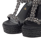Black: EXE Nadia-445 rhinestone flower T-strap espadrille wedge sandal in black with braided rope wedge and ankle buckle strap