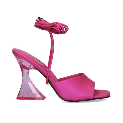 Pink: EXE Crystal-706 pink lace-up sandal with sculptural clear lucite heel and wrap ankle ties