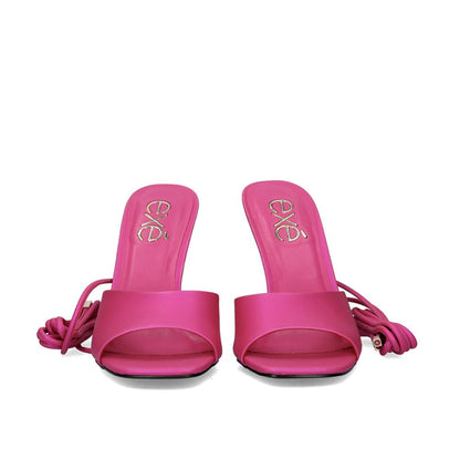 Pink: EXE Crystal-706 pink lace-up sandal with sculptural clear lucite heel and wrap ankle ties