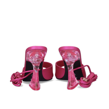 Pink: EXE Crystal-706 pink lace-up sandal with sculptural clear lucite heel and wrap ankle ties