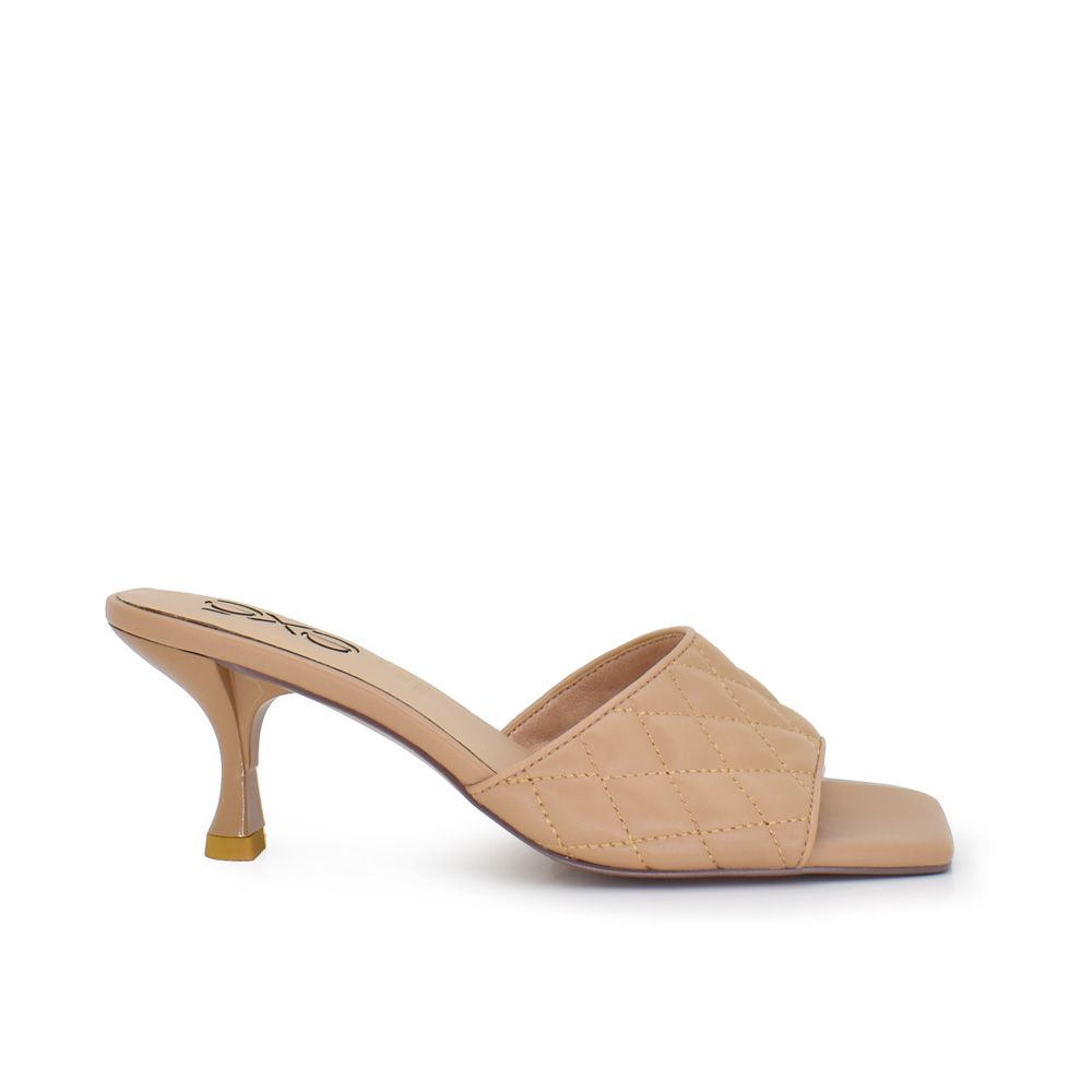 Beige: EXE Jennifer-566 quilted slide mule in beige with square toe and sculptural low heel