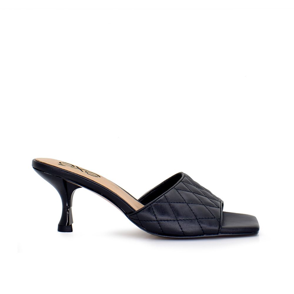 Black: EXE Jennifer-566 quilted slide mule in black with square toe and sculptural low heel
