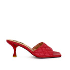 Red: EXE Jennifer-566 quilted slide mule in red with square toe and sculptural low heel