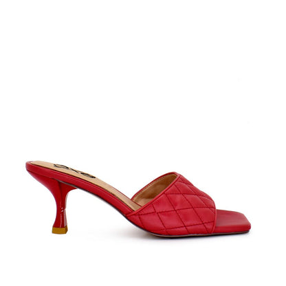 Red: EXE Jennifer-566 quilted slide mule in red with square toe and sculptural low heel