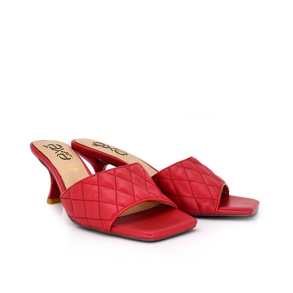 Red: EXE Jennifer-566 quilted slide mule in red with square toe and sculptural low heel