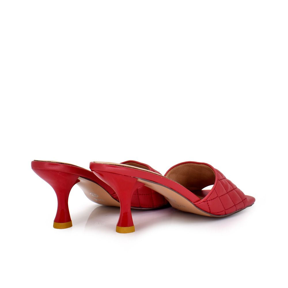 Red: EXE Jennifer-566 quilted slide mule in red with square toe and sculptural low heel