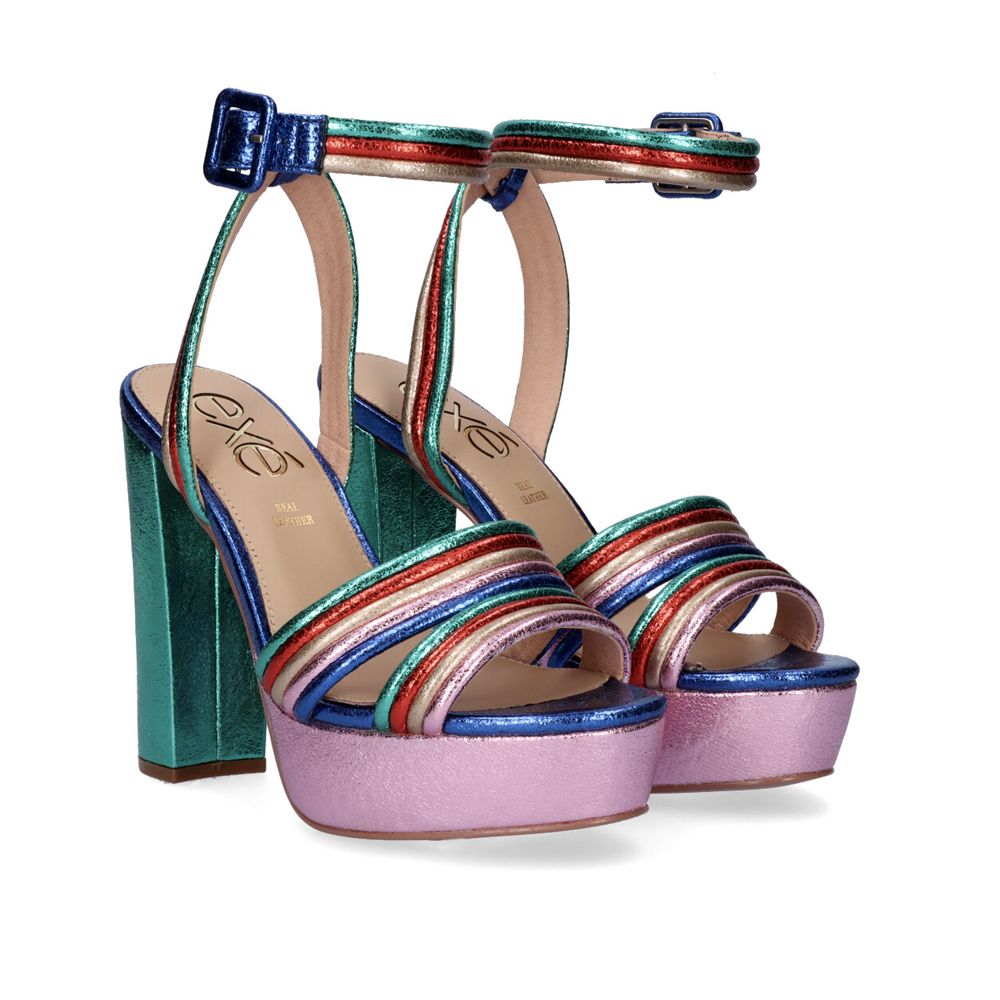 Multi: EXE Ophelia-829 multi-strap platform block heel sandal in multi with square buckle ankle strap, side view