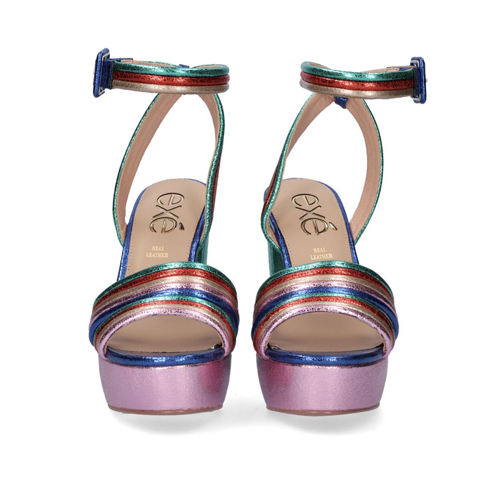 Multi: EXE Ophelia-829 multi-strap platform block heel sandal in multi with square buckle ankle strap, side view