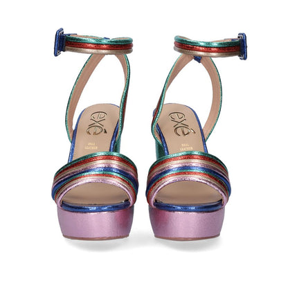Multi: EXE Ophelia-829 multi-strap platform block heel sandal in multi with square buckle ankle strap, side view