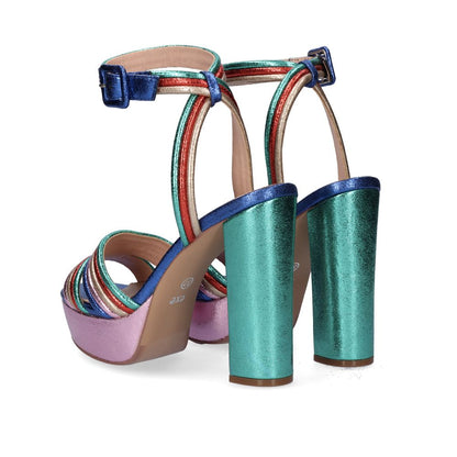 Multi: EXE Ophelia-829 multi-strap platform block heel sandal in multi with square buckle ankle strap, side view
