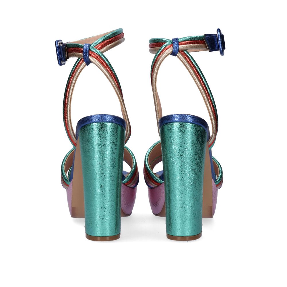 Multi: EXE Ophelia-829 multi-strap platform block heel sandal in multi with square buckle ankle strap, side view