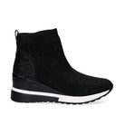 Renato Garini EX02B black rhinestone sock ankle boot with ribbed collar, sparkling heel panel and black-and-white wedge sole, side profile