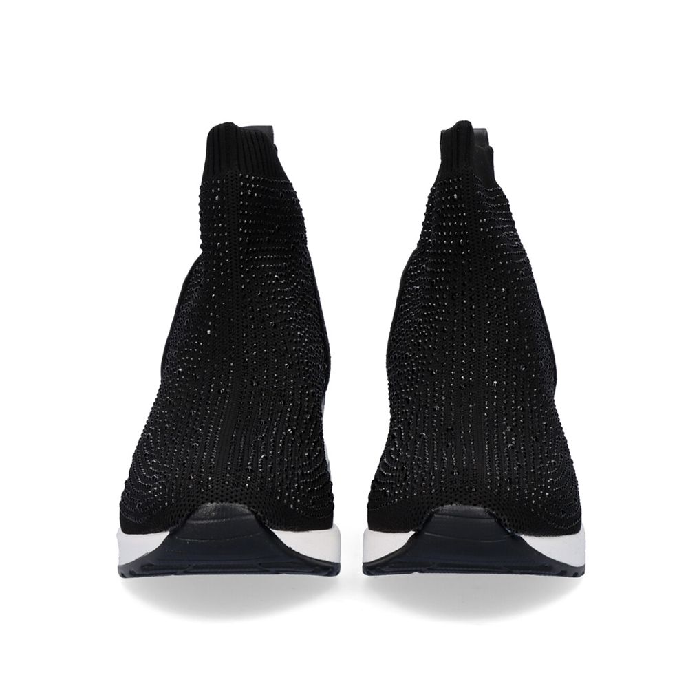 Renato Garini EX02B black rhinestone sock ankle boots, front view showing rounded toes, ribbed collars and contrasting white sole trim