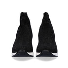 Renato Garini EX02B black rhinestone sock ankle boots, front view showing rounded toes, ribbed collars and contrasting white sole trim
