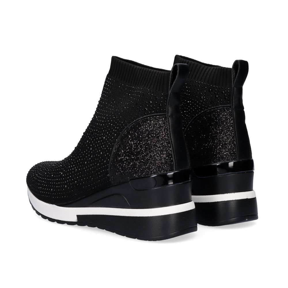 Pair of Renato Garini EX02B black rhinestone wedge ankle boots from a rear three-quarter angle, showing sparkling heel panels and pull tabs