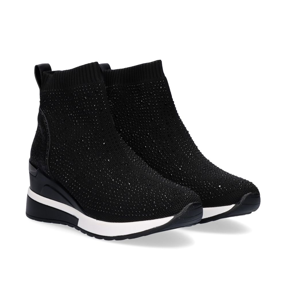 Pair of Renato Garini EX02B black rhinestone sock wedge ankle boots at a three-quarter angle, showing ribbed collars and black-and-white soles