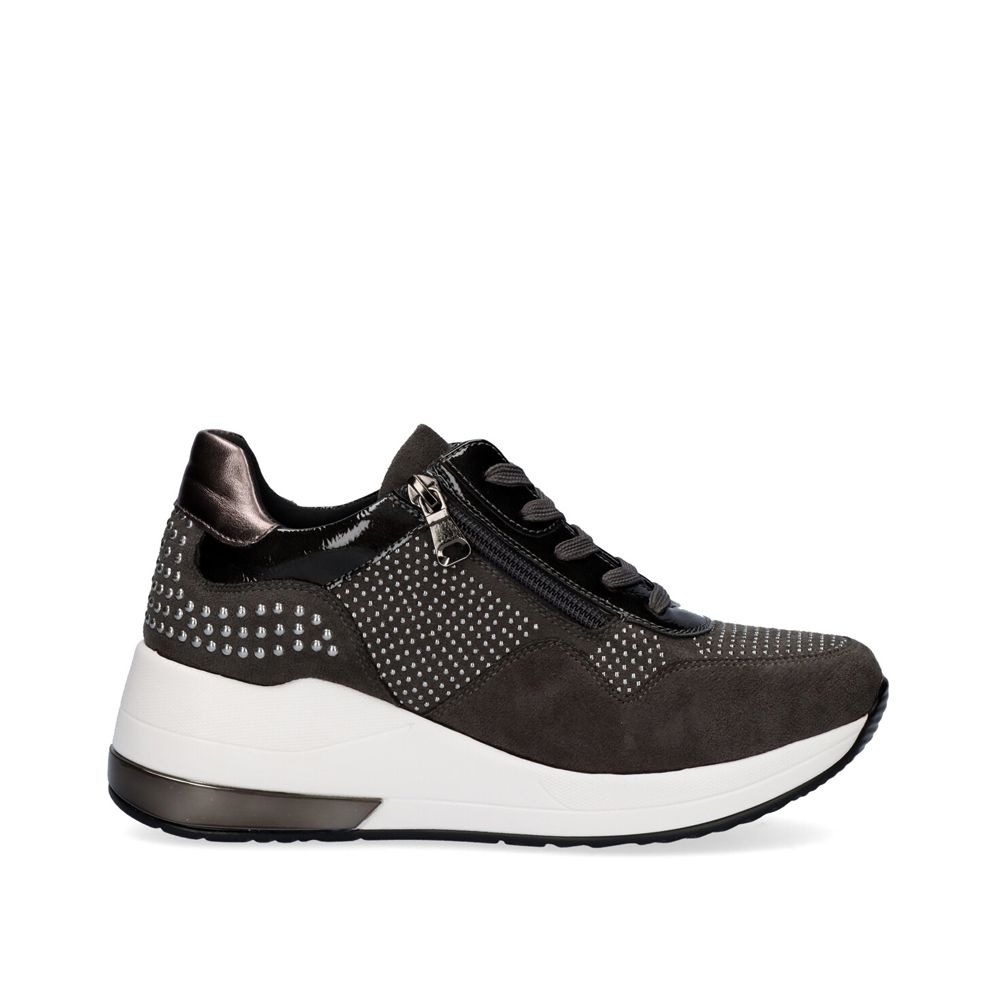 Renato Garini EX34 women’s grey wedge sneaker with sparkling studded panels, lace-up front, side zipper and white sole, side profile