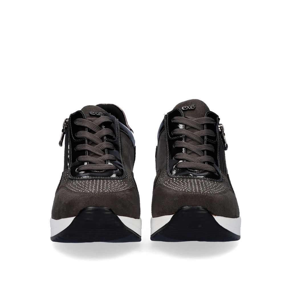 Front view of Renato Garini EX34 grey lace-up wedge sneakers with sparkling toe panels, side zippers and contrasting white soles